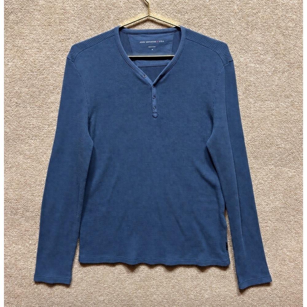John Varvatos Blue Waffle Knit Henley Shirt Long Sleeve Thermal Men's Medium